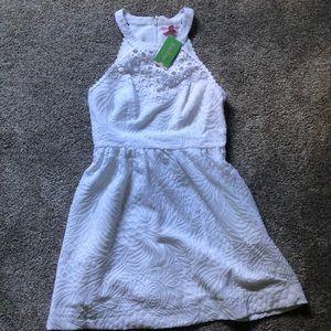 White halter dress, 6, Lace + eyelet, high neck